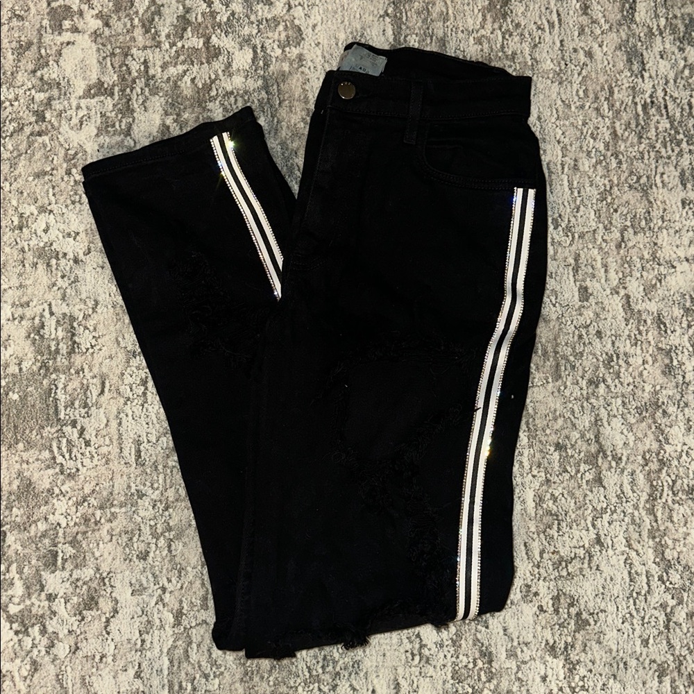 Vibrant MIU Black Distressed Pants with Reflective Rhinestone Stripes size 7/W27